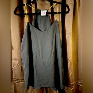 Ladies spaghetti strap tank, size large, solid black with gold string,